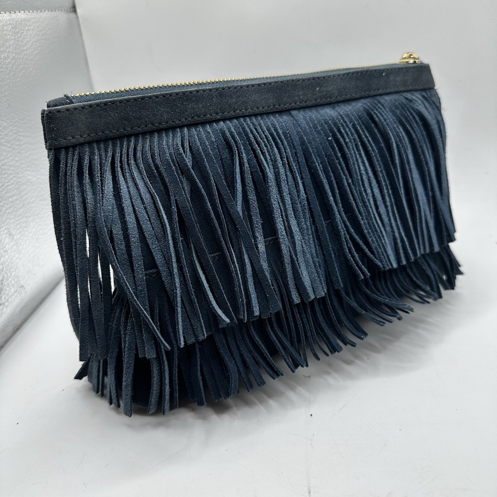 India Hicks Blue Fringe Suede Leather Clutch Gold Accents Western Dolly Festival